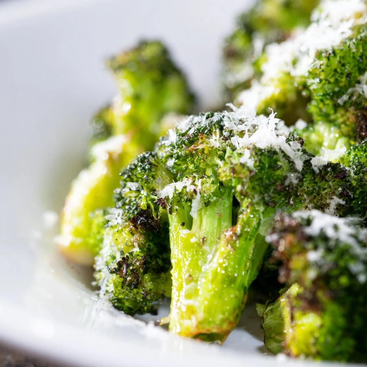 Roasted Broccoli with Garlic and Parmesan served as a hot side dish with crisp edges and melted cheese.