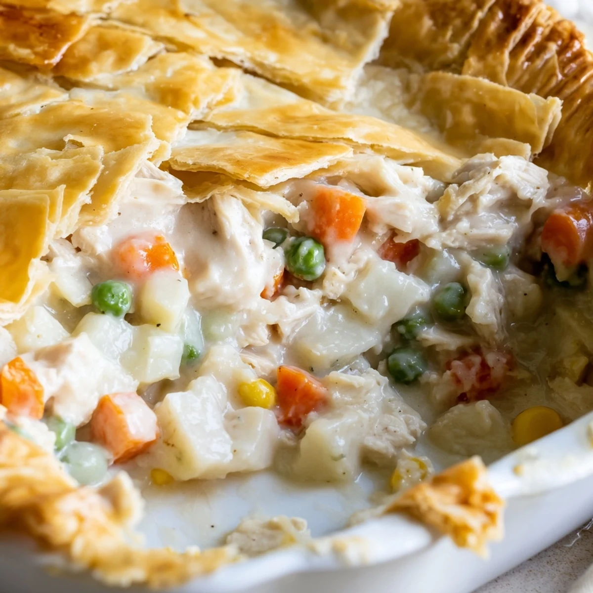 A spoon serves a generous slice of Turkey Pot Pie, revealing tender turkey and gravy inside.
