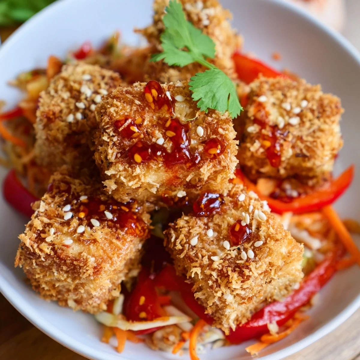 Crispy Coconut Tofu with Stir Fry Veggies served over jasmine rice with sweet chili drizzle and sesame seeds.