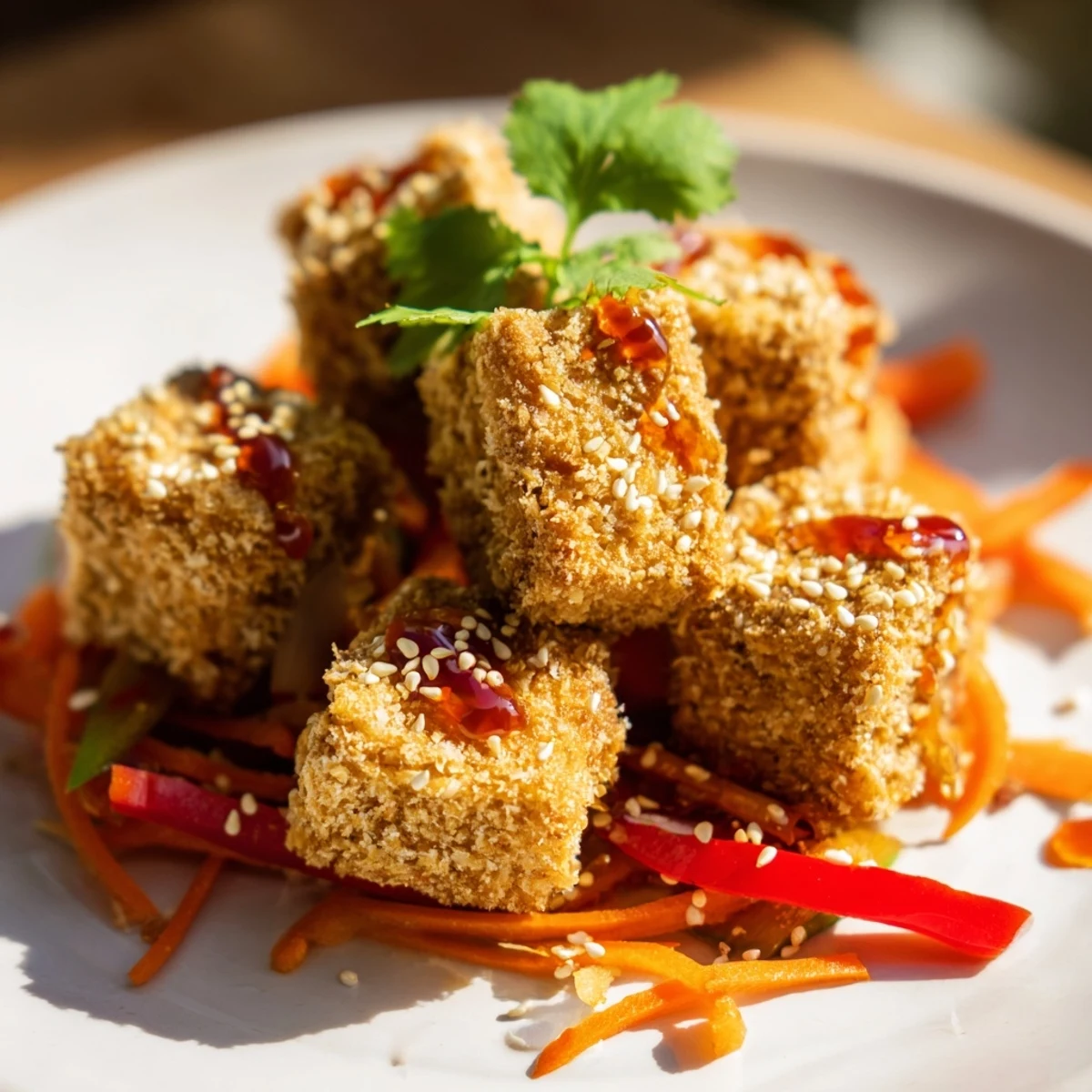A close-up shows golden baked tofu with stir-fried bell peppers, carrots, and snap peas in a wok.
