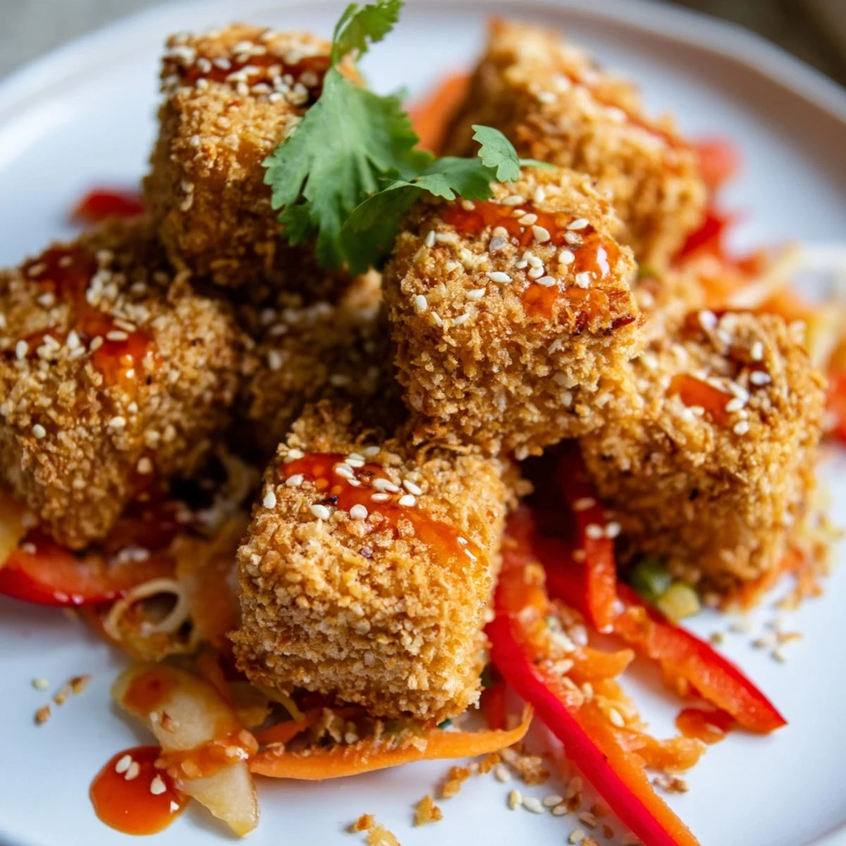 Vegan Crispy Coconut Tofu with Stir Fry Veggies glazed with sweet chili sauce on a white plate.