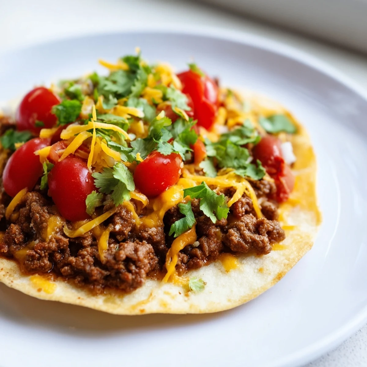 Crispy tostada shells are layered with creamy refried beans and savory seasoned ground beef. Fresh lettuce, diced tomatoes, and shredded cheese add vibrant color to these Beef Tostadas. A dollop of sour cream and sliced avocado finish this Mexican-inspired meal.