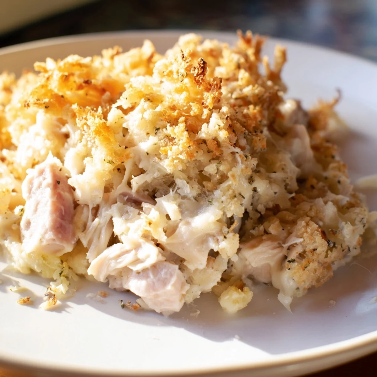 Golden, bubbly Chicken Cordon Bleu Casserole fresh from the oven with a crisp panko topping.