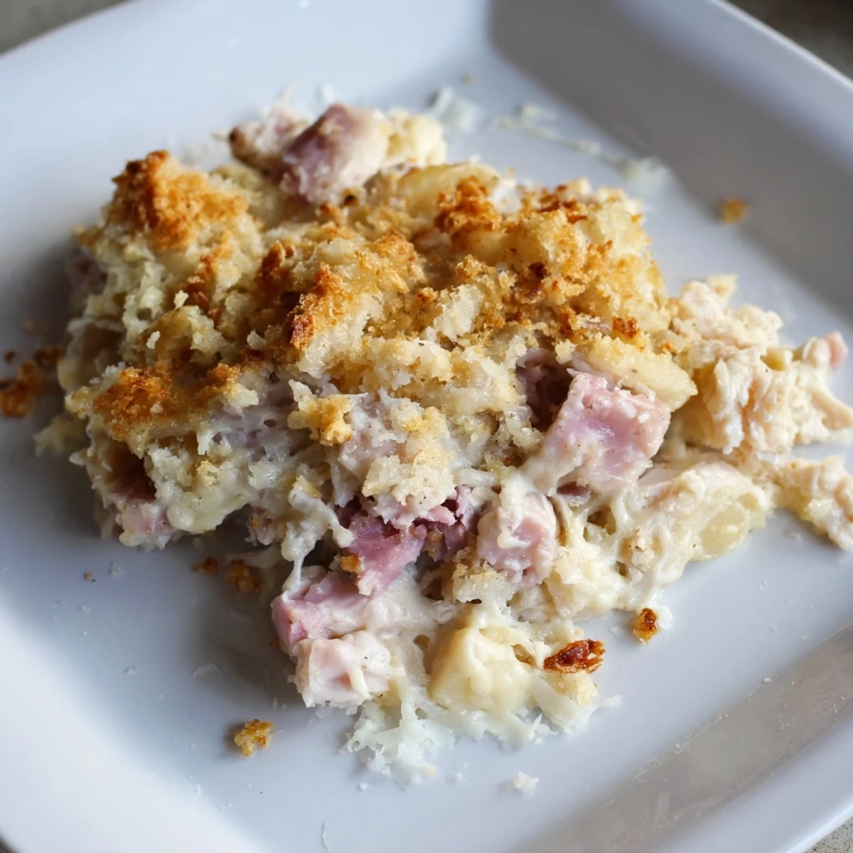 Freshly baked Chicken Cordon Bleu Casserole showing melted Swiss cheese and halal turkey ham.
