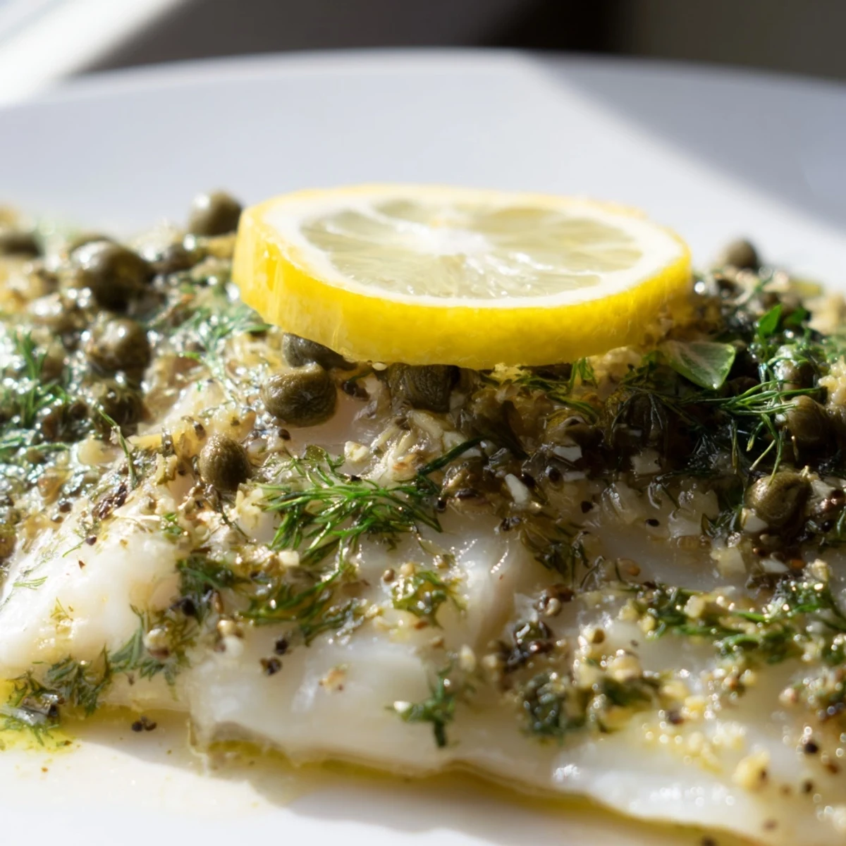 Golden-brown Baked Haddock with Lemon and Capers sits in a white ceramic baking dish, garnished with fresh parsley.
