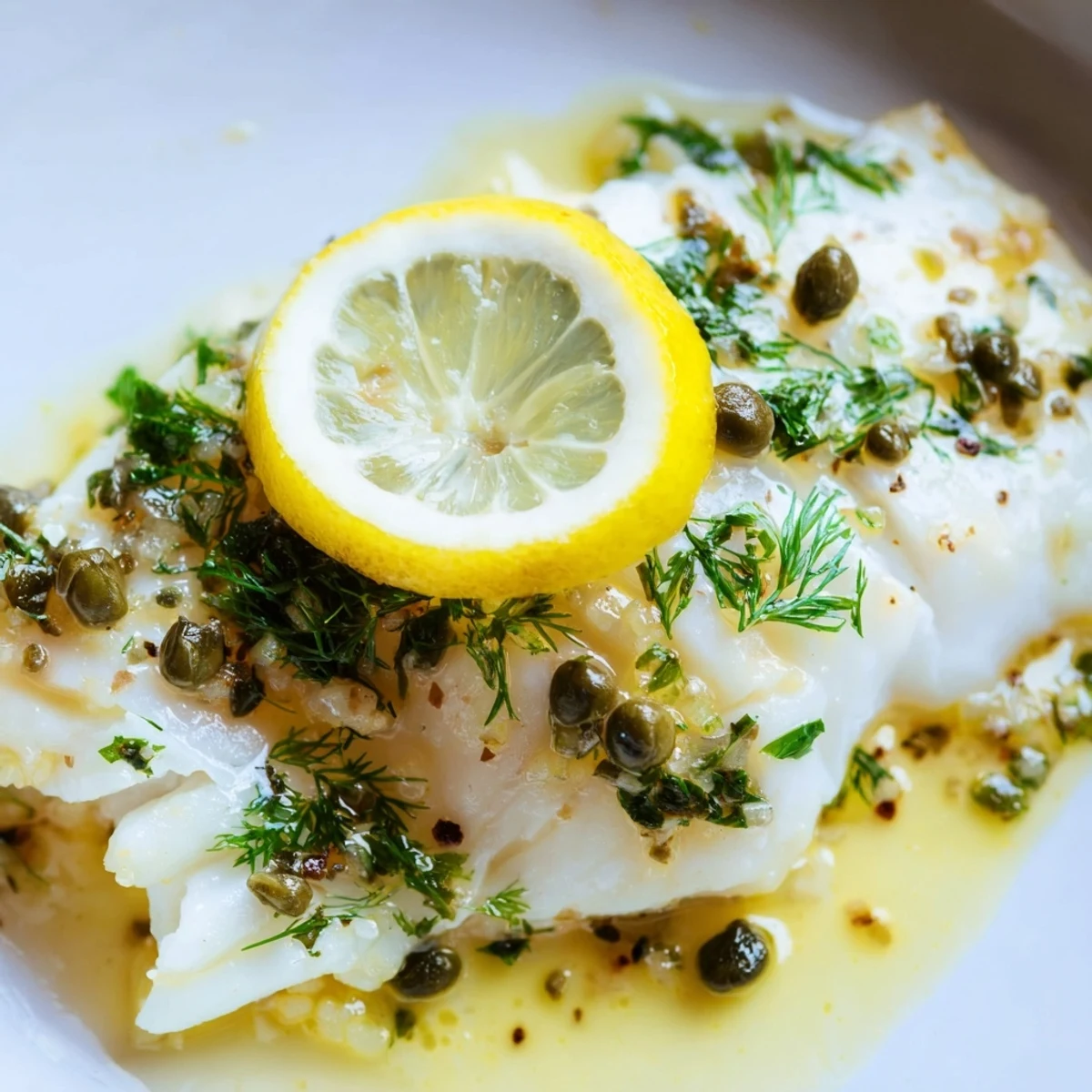 Flaky, tender Baked Haddock with Lemon and Capers is ready to serve on a dinner plate with lemon wedges.