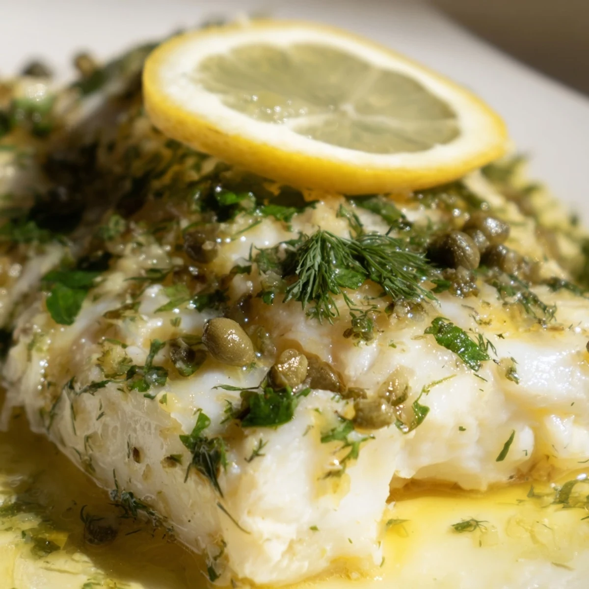 Vibrant Baked Haddock with Lemon and Capers is topped with briny capers and fresh herbs from the garden.