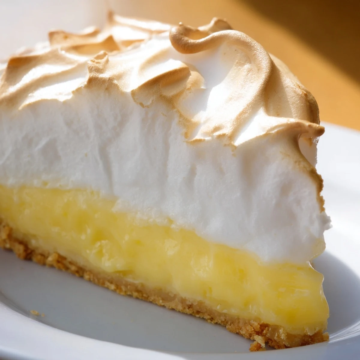A close-up slice of Lemon Meringue Pie with Graham Cracker Crust shows golden toasted meringue peaks over bright yellow lemon filling, served on a white plate.