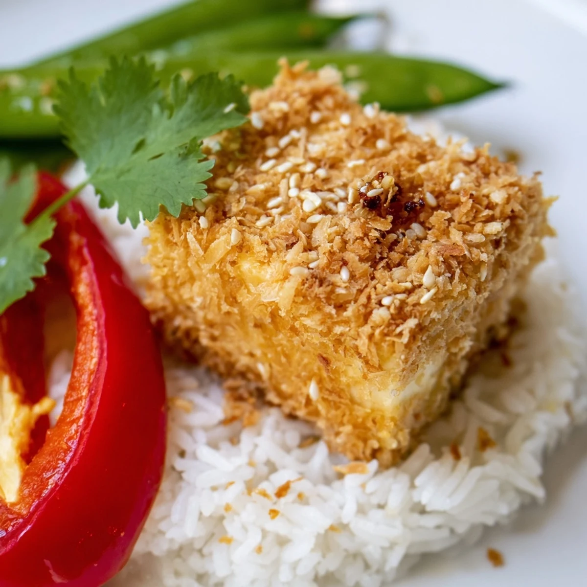 Close-up of golden, coconut-crusted tofu cubes, revealing a tender white interior alongside vibrant broccoli, carrots, and snap peas.