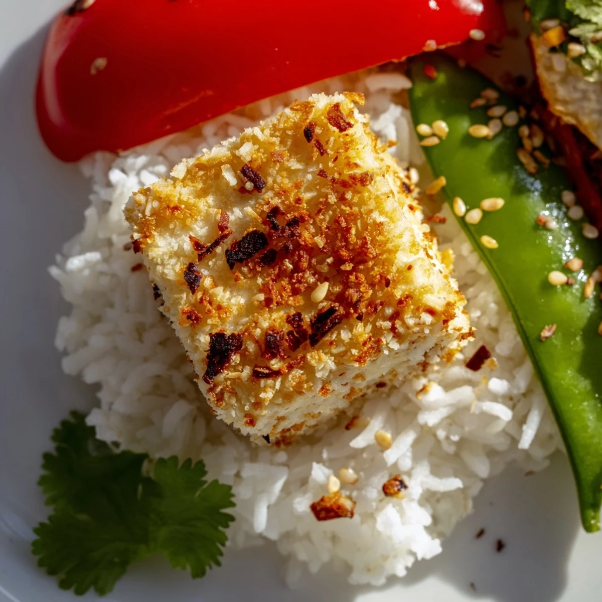 Freshly plated Crispy Coconut Tofu with stir-fry vegetables and fluffy rice, ready to be topped with cilantro and lime.