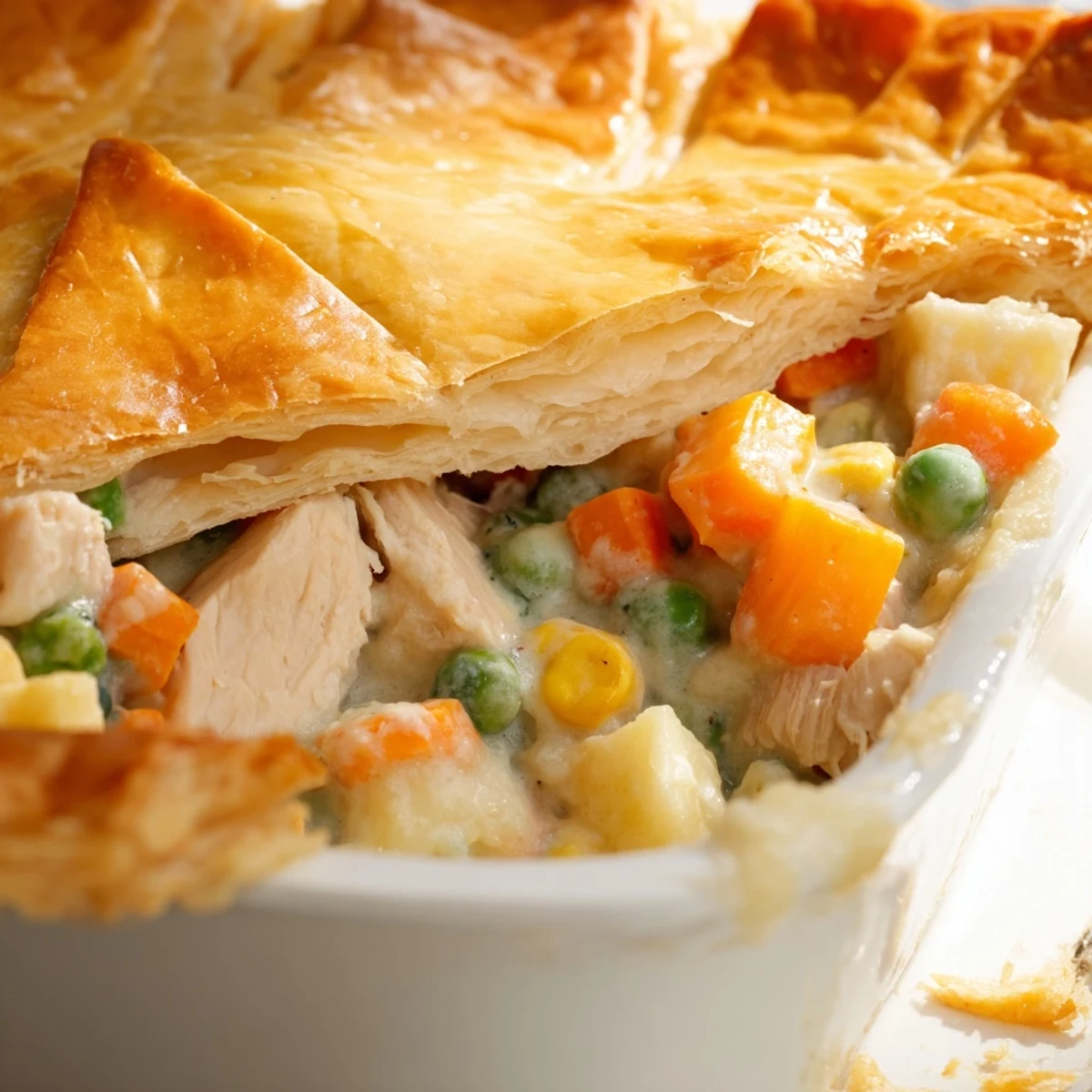 Freshly baked turkey pot pie with puff pastry crust sits beside a green salad, steam rising from the golden, flaky top.
