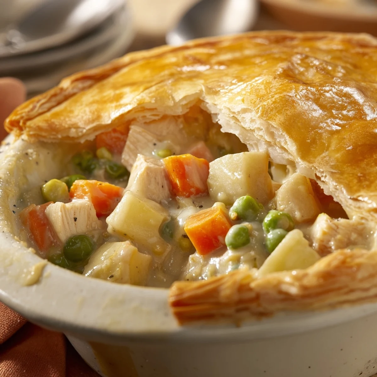 Slices of turkey and diced vegetables in a thick sauce are visible under the golden, flaky puff pastry crust of the pot pie.