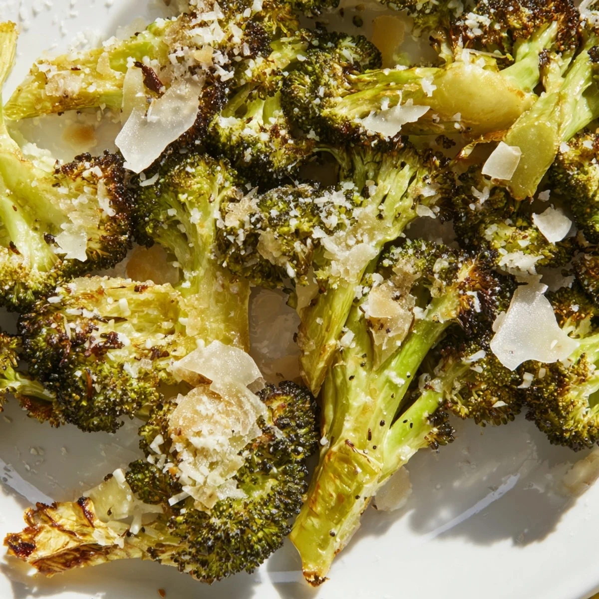 Golden roasted broccoli with garlic and Parmesan, served hot and garnished with fresh lemon zest for extra brightness.