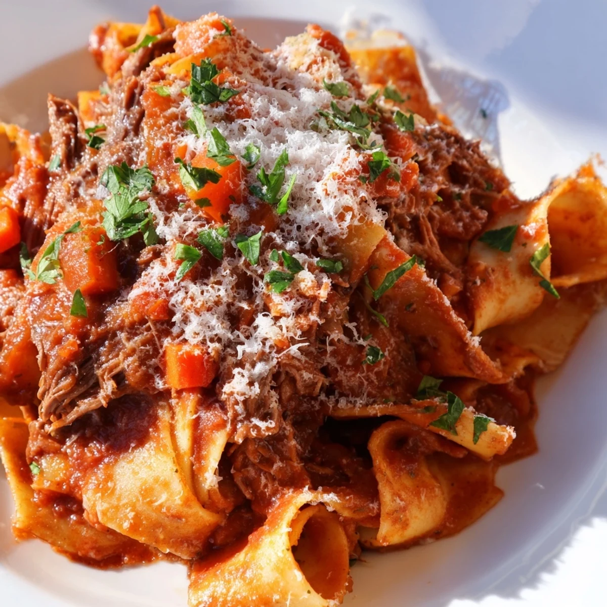 Fork-tender Slow Cooker Beef Ragu with Pappardelle Pasta steaming in a rustic ceramic bowl, garnished with fresh parsley and grated Parmesan cheese.