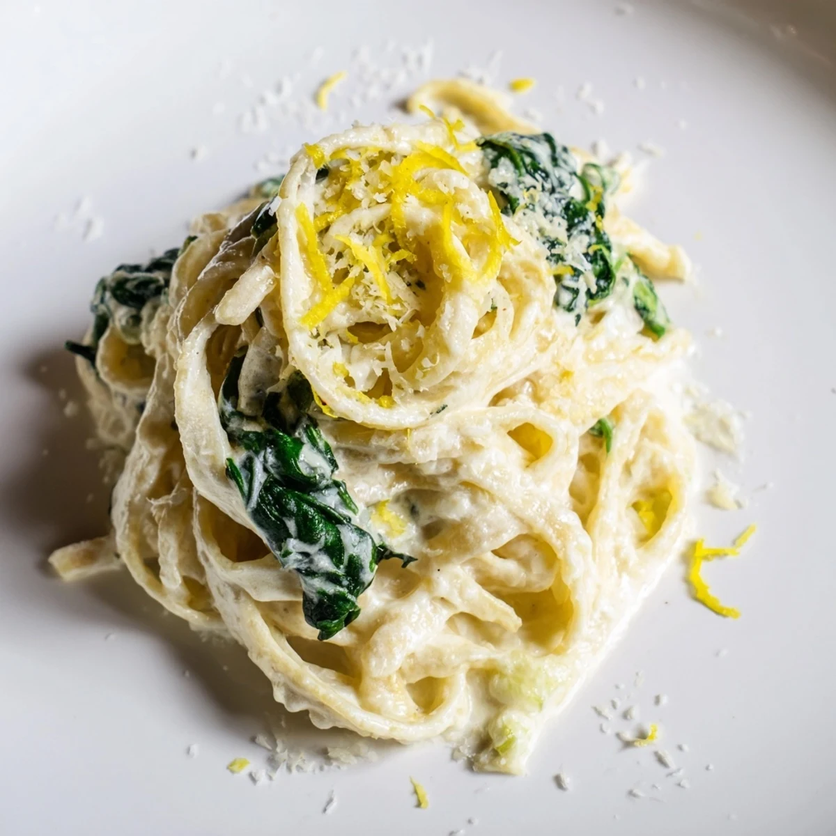 Tender spinach and grated Parmesan blend into the sauce for Creamy Spinach Pasta with Garlic and Lemon.