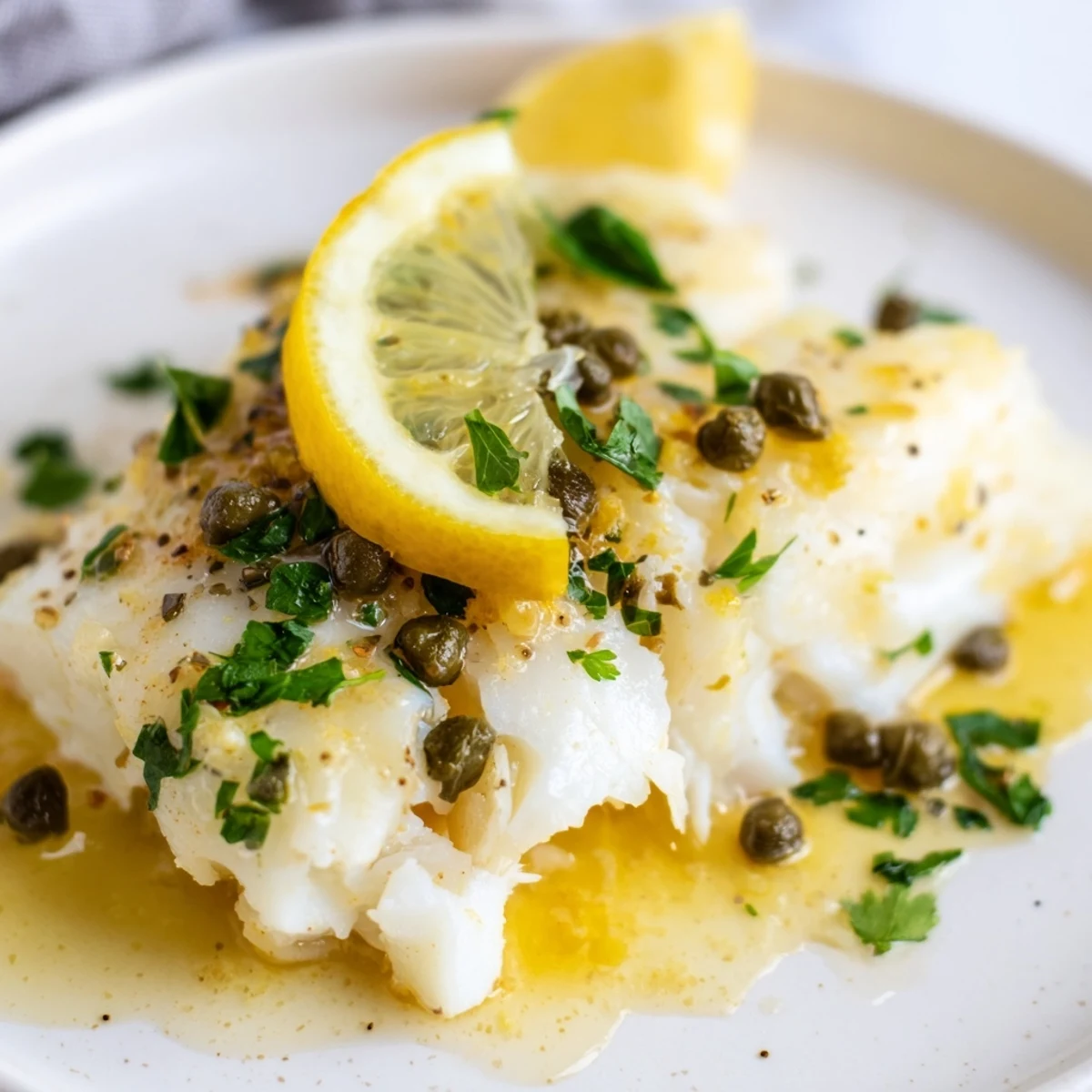Flaky, tender Baked Cod with Lemon and Butter Sauce served hot, drizzled with rich sauce and extra lemon slices.
