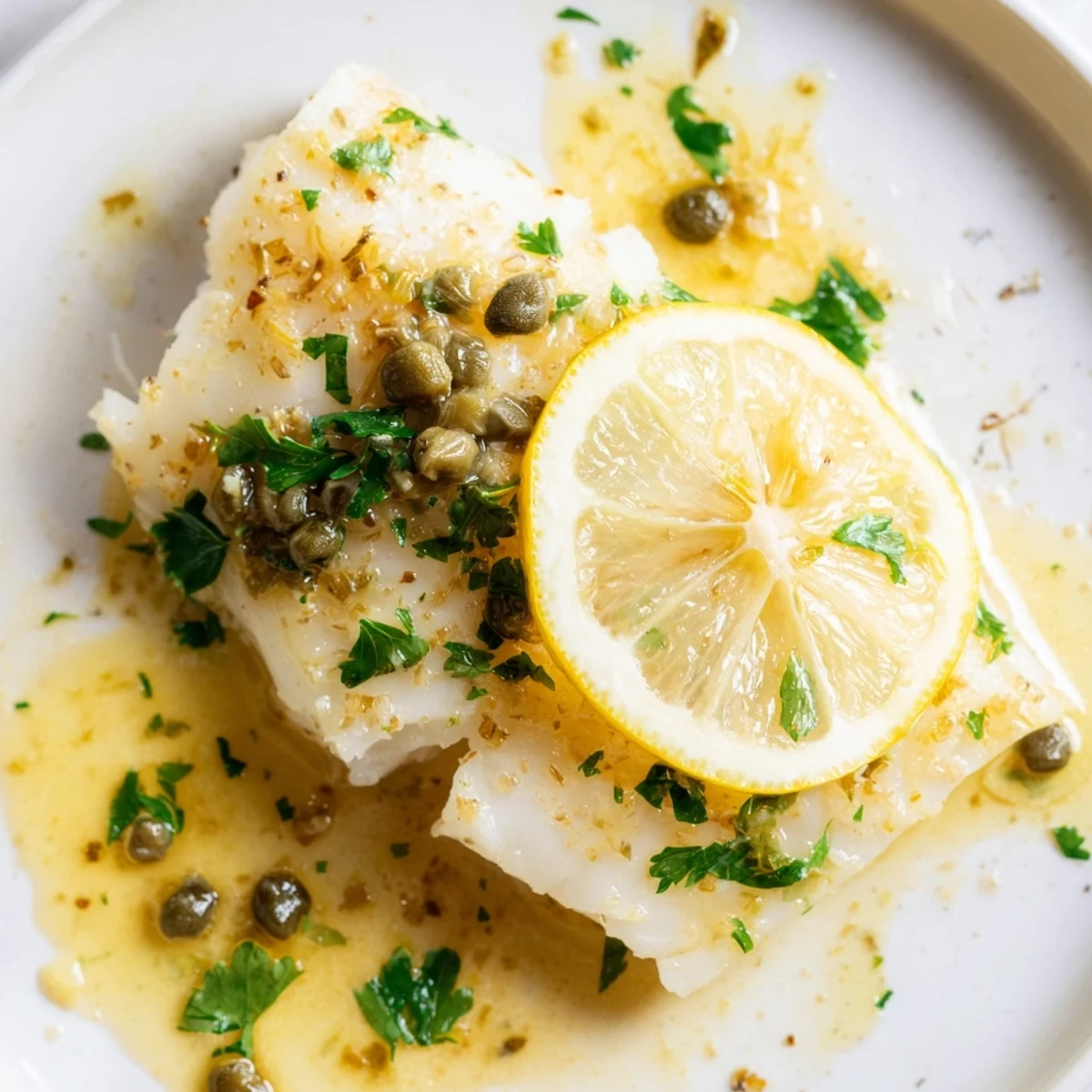 Golden, oven-baked cod fillets in a bubbly lemon butter sauce, perfect for an easy weeknight dinner with roasted potatoes.