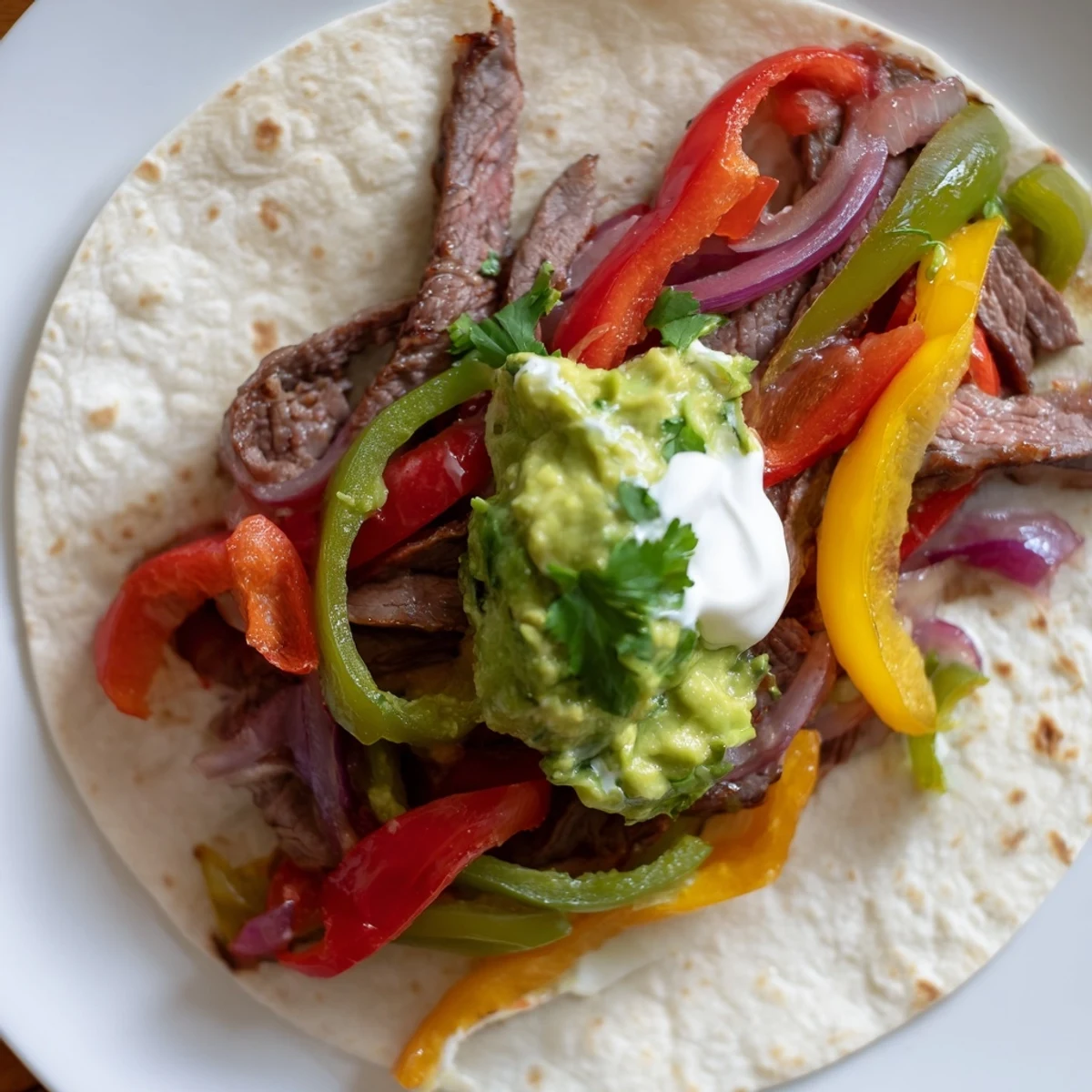 Plate of sizzling Beef Fajitas with Guacamole and Sour Cream, featuring tender beef strips, sautéed peppers, and onions nestled in warm flour tortillas.
