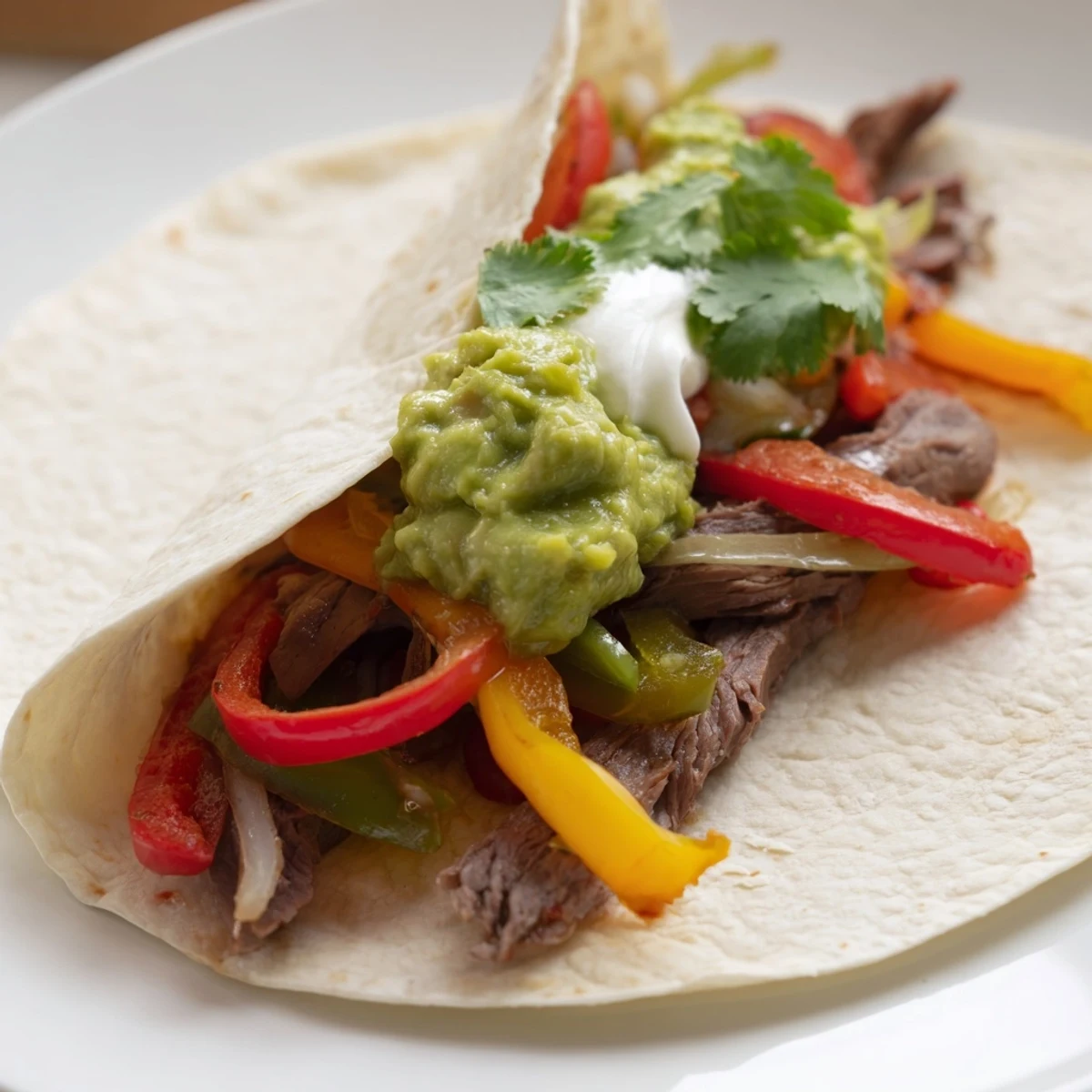 Topped with creamy, freshly mashed guacamole and a dollop of sour cream, this Tex-Mex dinner is ready to be served with lime wedges.
