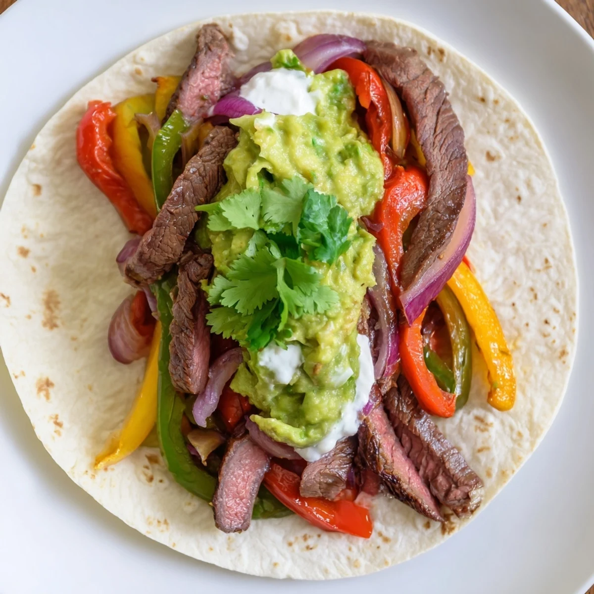 A close-up view of a flour tortilla stuffed with seasoned sautéed peppers, onions, and juicy beef, topped with homemade guacamole and sour cream.