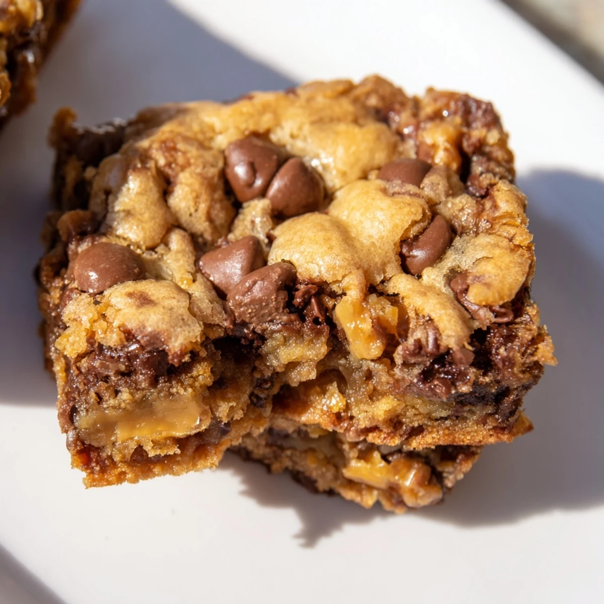Warm Chocolate Chip Cookie Bars with Toffee Bits are served with vanilla ice cream melting on top.