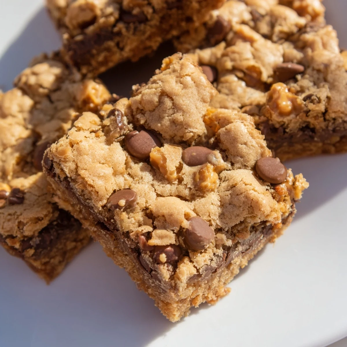 Freshly baked Chocolate Chip Cookie Bars with Toffee Bits show crunchy toffee pieces on a rustic wooden table.