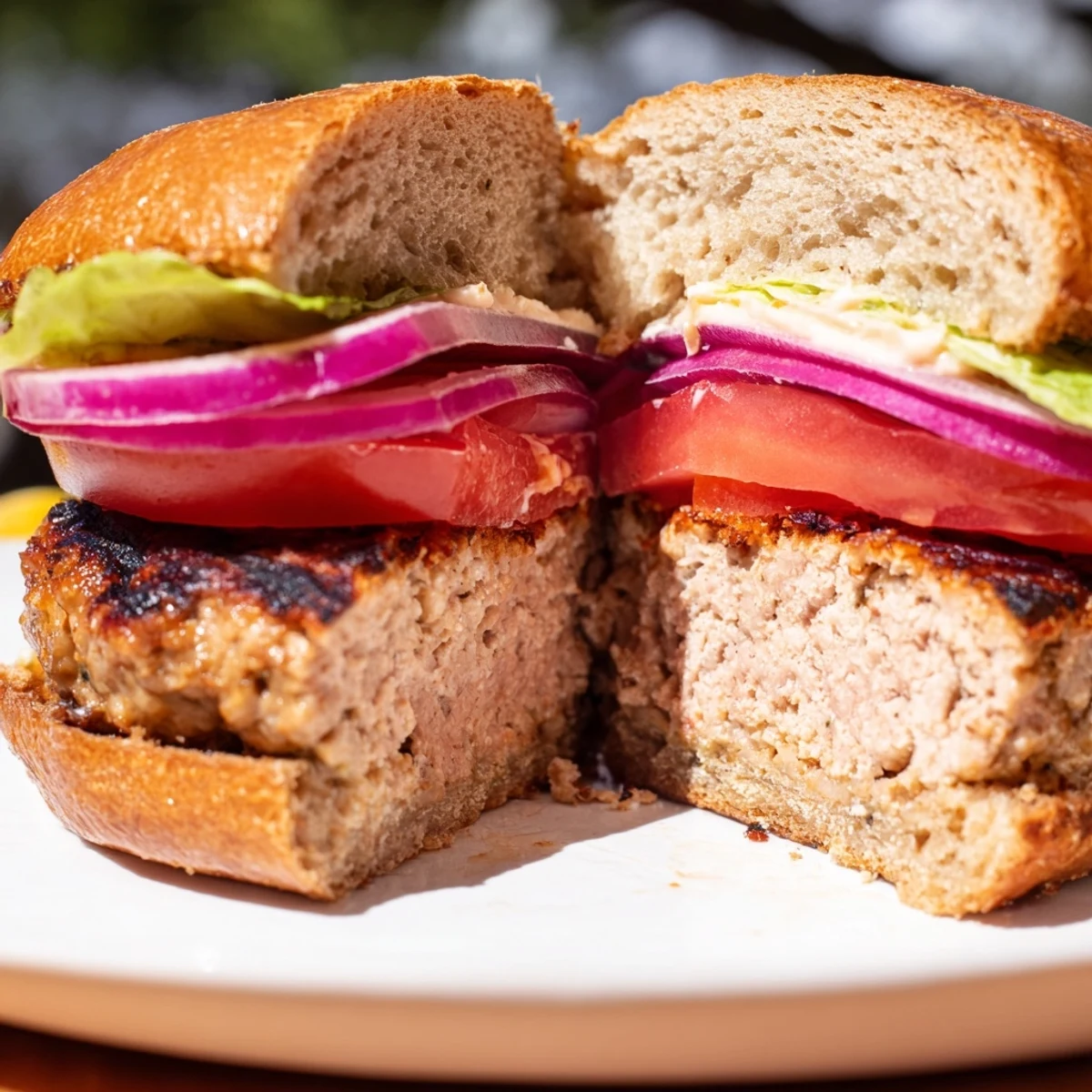 Juicy Turkey Burger with Sweet Potato Fries served on a toasted bun with lettuce and tomato.