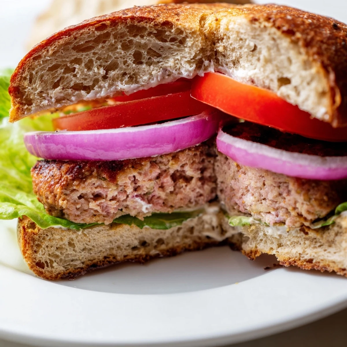 Golden-brown Turkey Burger with Sweet Potato Fries stacked high on a plate, garnished with fresh parsley.