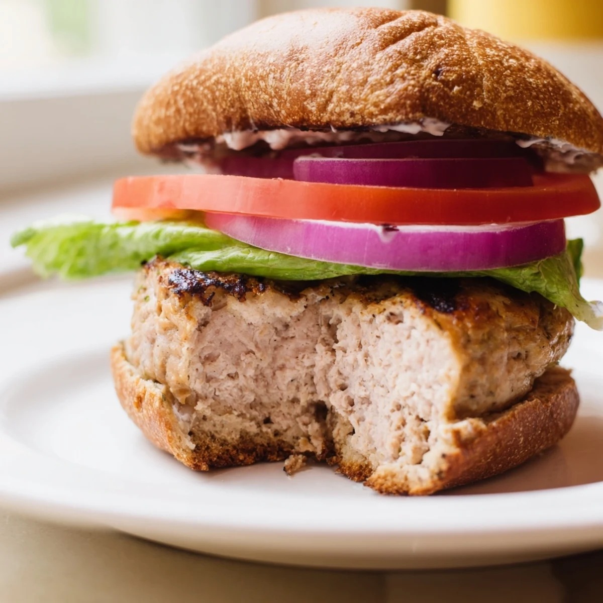 Homemade Turkey Burger with Sweet Potato Fries on a rustic wooden board, ready for a family dinner.