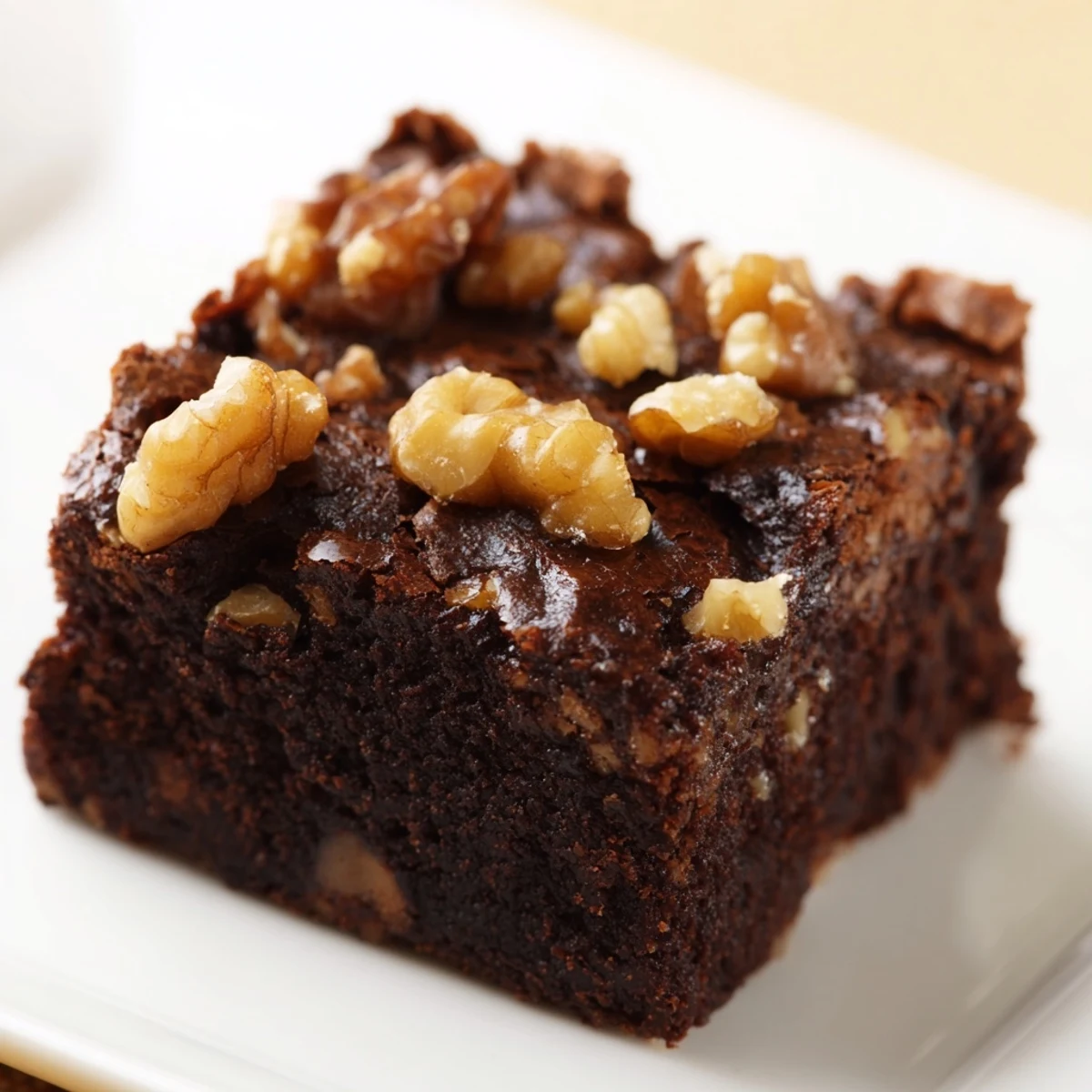 Warm, freshly baked chocolate fudge brownies with walnuts, cut into generous squares, showing a glossy, crackly top and rich, moist interior studded with crunchy nuts.