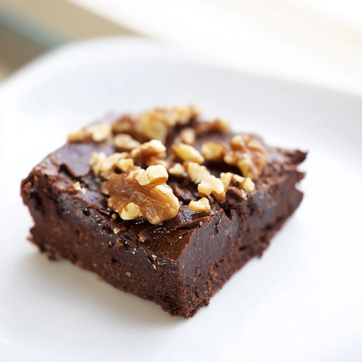 A close-up slice reveals the fudgy texture of chocolate fudge brownies with walnuts, highlighting the gooey center and nutty crunch in every bite.