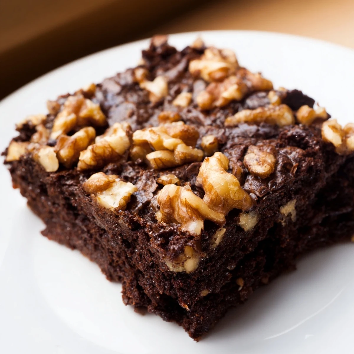 Golden-brown chocolate fudge brownies with walnuts sit on a cooling rack, next to a glass of milk, ready for a classic American dessert serving.