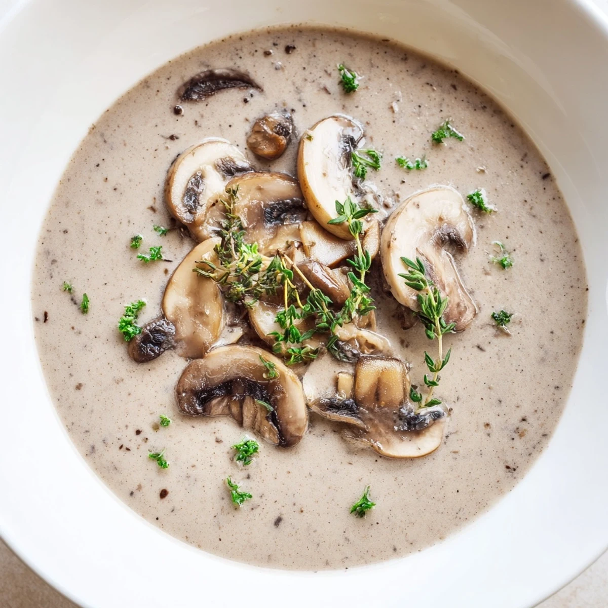 A bowl of creamy mushroom soup with thyme garnished with fresh parsley, served alongside crusty bread for dipping.