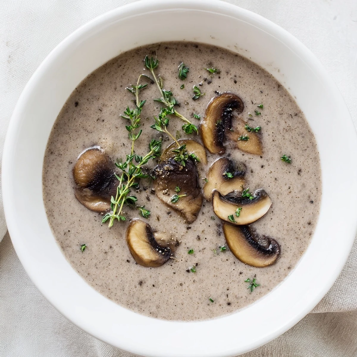 Earthy mushrooms and fresh thyme create a velvety, golden soup perfect for a cozy appetizer or light meal.