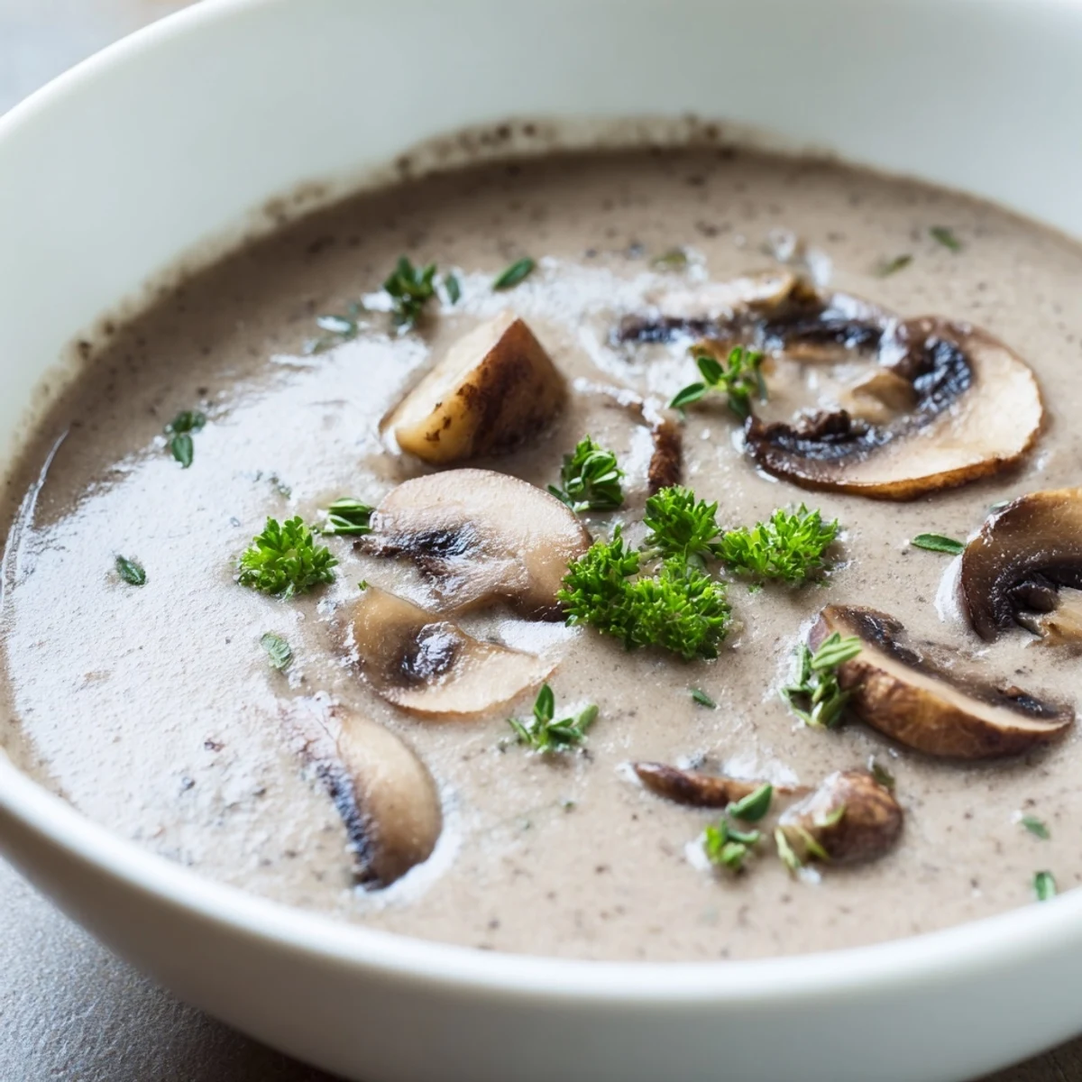 Rich, creamy mushroom soup with thyme in a rustic bowl, steam rising, ideal for a comforting homemade dinner.