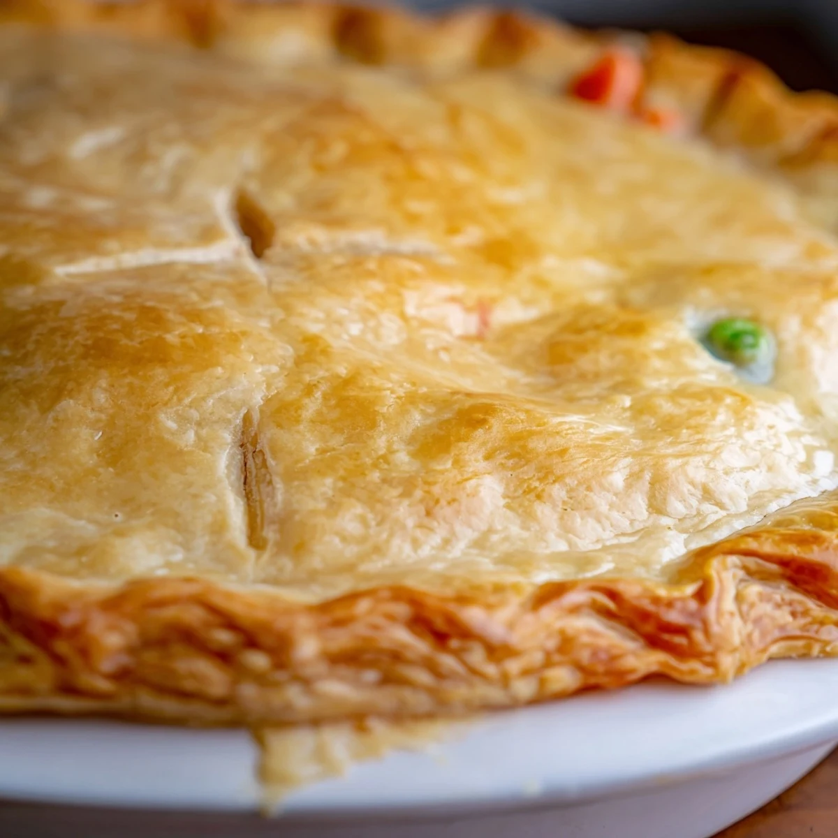 Golden-brown, flaky puff pastry crowns a creamy turkey pot pie bubbling with peas, carrots, and tender turkey in a white ceramic dish.