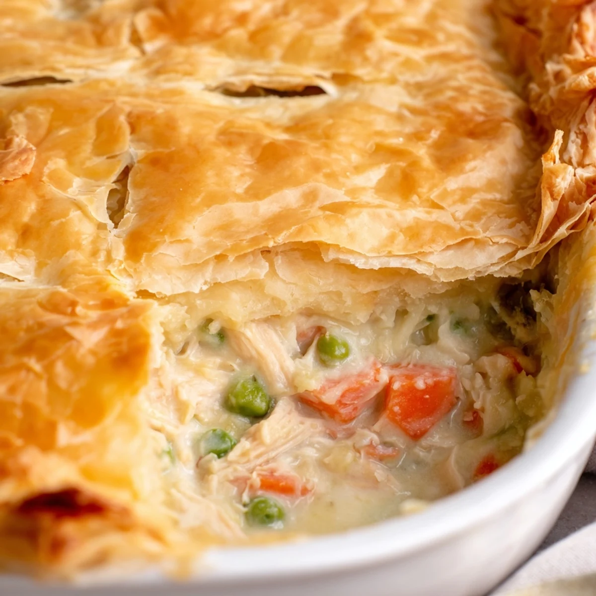 A rustic slice of turkey pot pie shows the rich filling and buttery crust, served on a wooden board with herbs nearby.