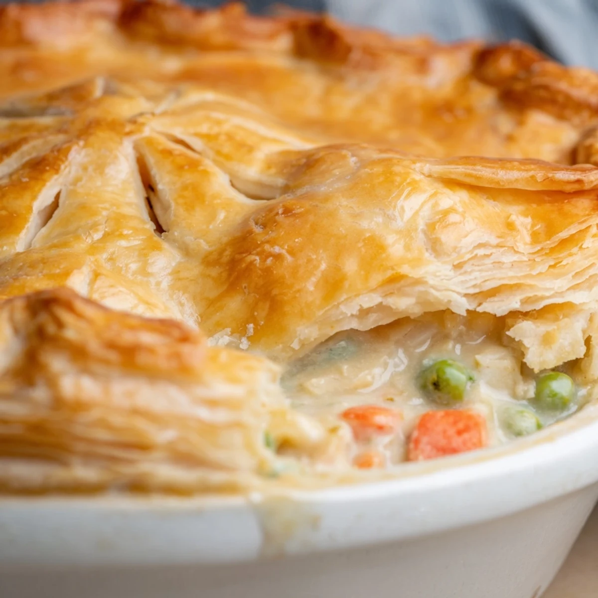 A whole turkey pot pie with puff pastry sits beside a wine glass, perfect for a cozy family dinner or holiday leftovers.