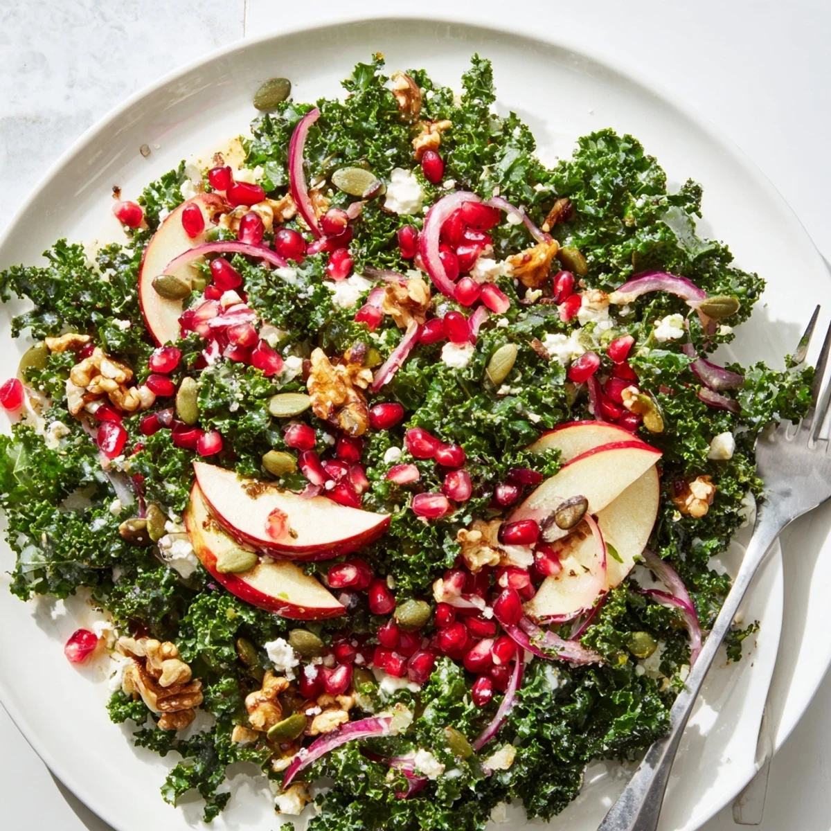 A vibrant bowl of Winter Kale Salad with pomegranate seeds, crisp apple slices, and toasted walnuts, all tossed in a bright citrus dressing.