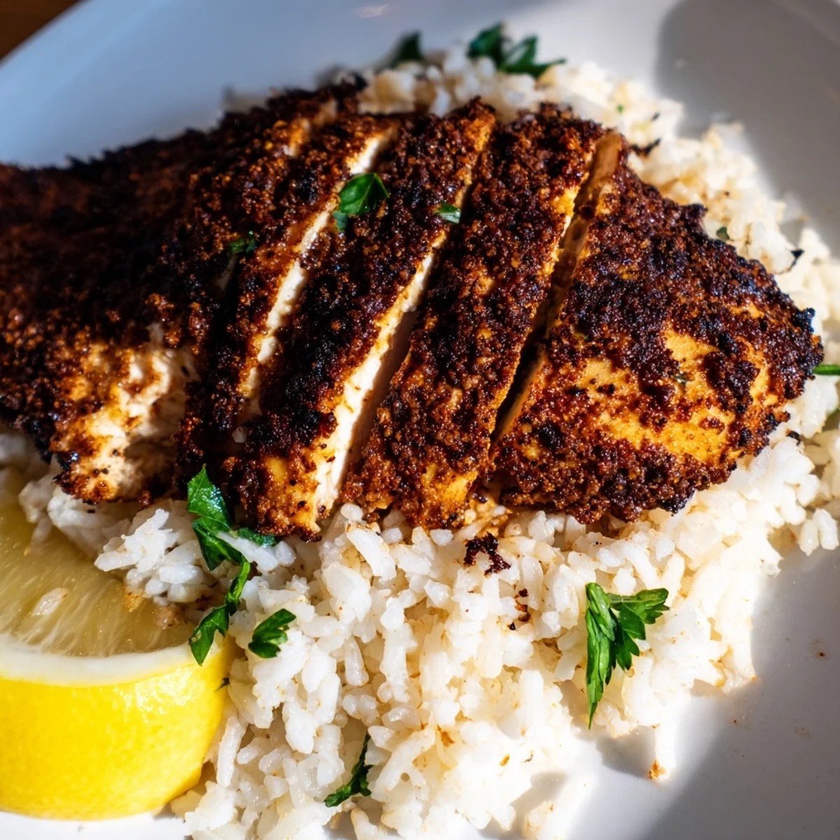 Tender Cajun blackened chicken sliced over steamed rice, showcasing a smoky crust and vibrant seasoning in a warm, inviting dinner setting.