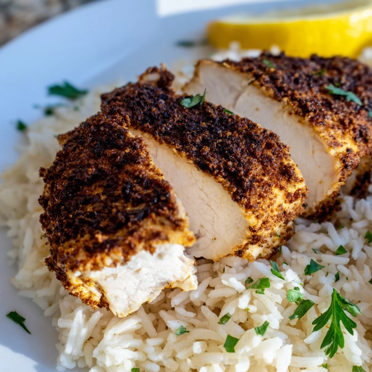 Juicy blackened chicken with Cajun spices rests on fluffy white rice, garnished with fresh parsley and lemon wedges for a bright finish.