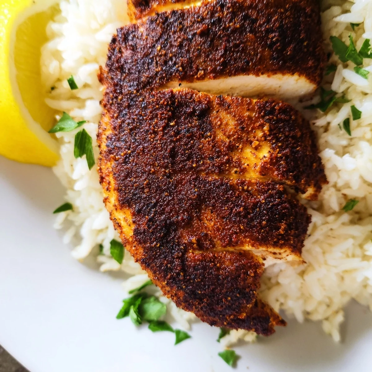 Serving suggestion for Cajun Blackened Chicken with Rice, featuring golden-seared chicken breasts beside lemon wedges and parsley on a bed of rice.