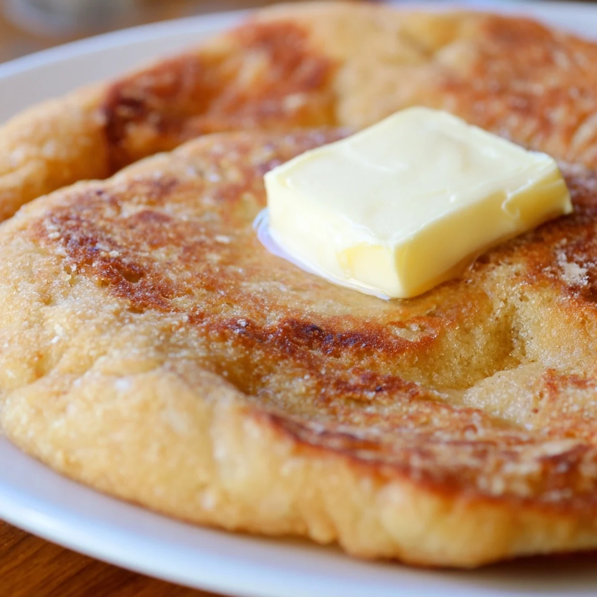 A close-up of freshly cooked Irish soda farls, their craggy tops dusted with flour and served alongside soft butter.