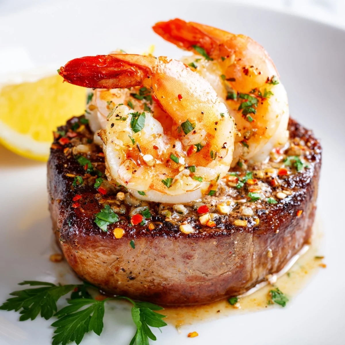 Perfectly seared steak and sautéed shrimp served on white plates, ideal for a special date night meal for two.