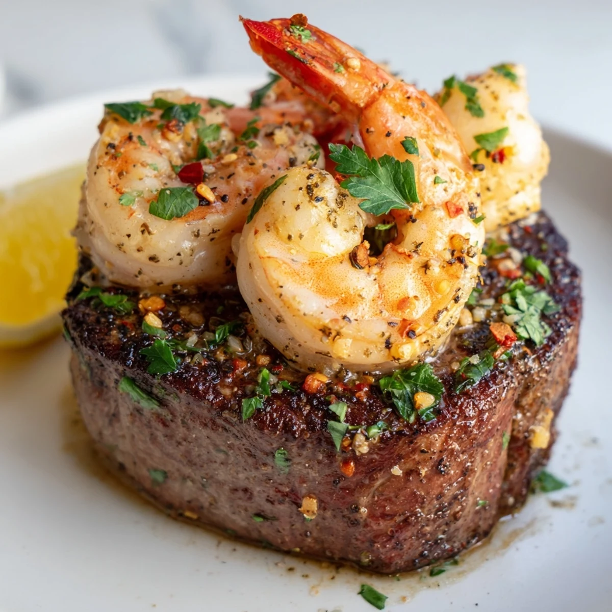 Golden filet mignon steaks topped with garlicky butter shrimp, fresh parsley, and lemon wedges for a romantic surf and turf dinner.