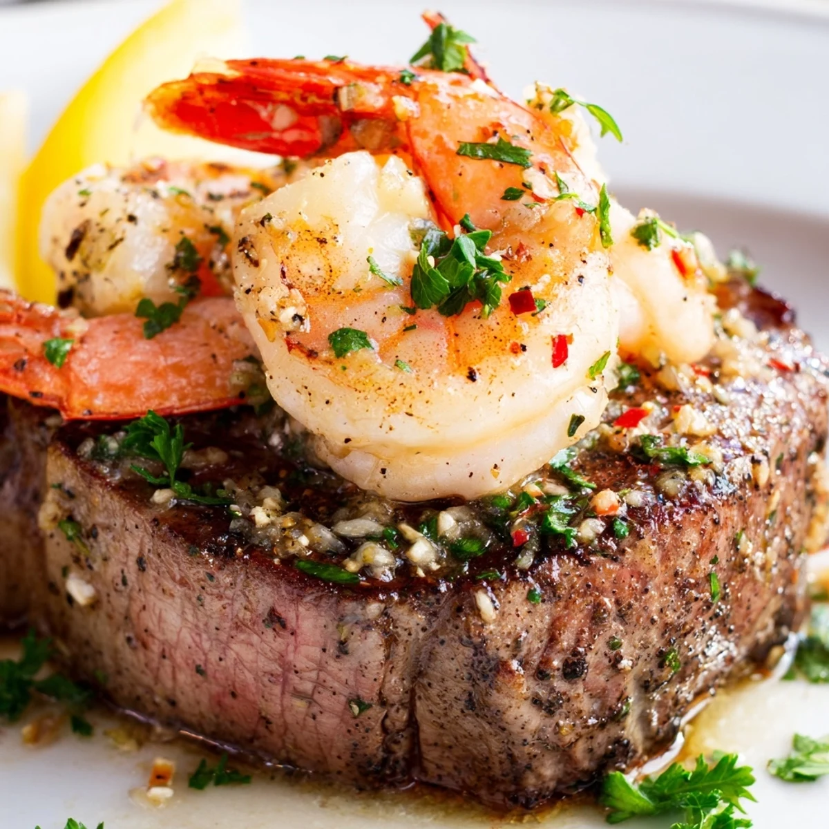 Juicy steak and pink shrimp glistening with butter, garlic, and herbs, ready to be enjoyed with lemon and wine.