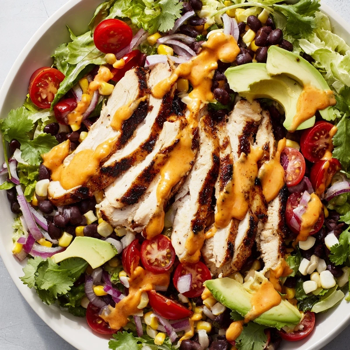 Southwest Chicken Salad with Chipotle Dressing showcases crisp romaine, juicy tomatoes, and a creamy, spicy sauce perfect for a healthy main dish.