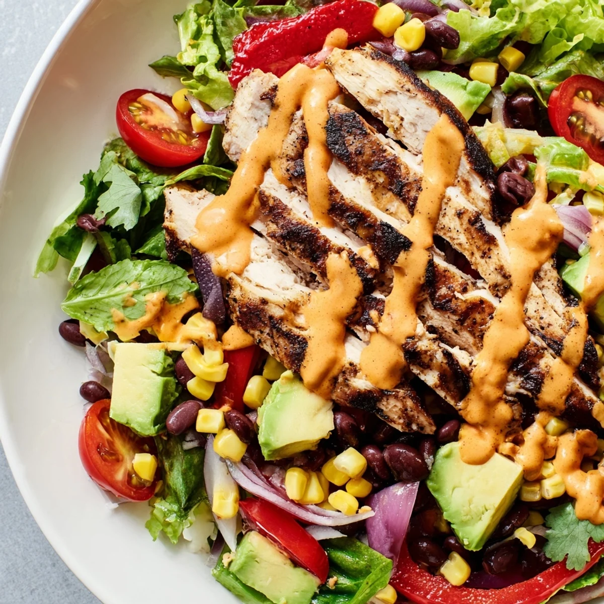 Sliced grilled chicken rests on a colorful salad with corn, black beans, and avocado, drizzled with smoky chipotle dressing.