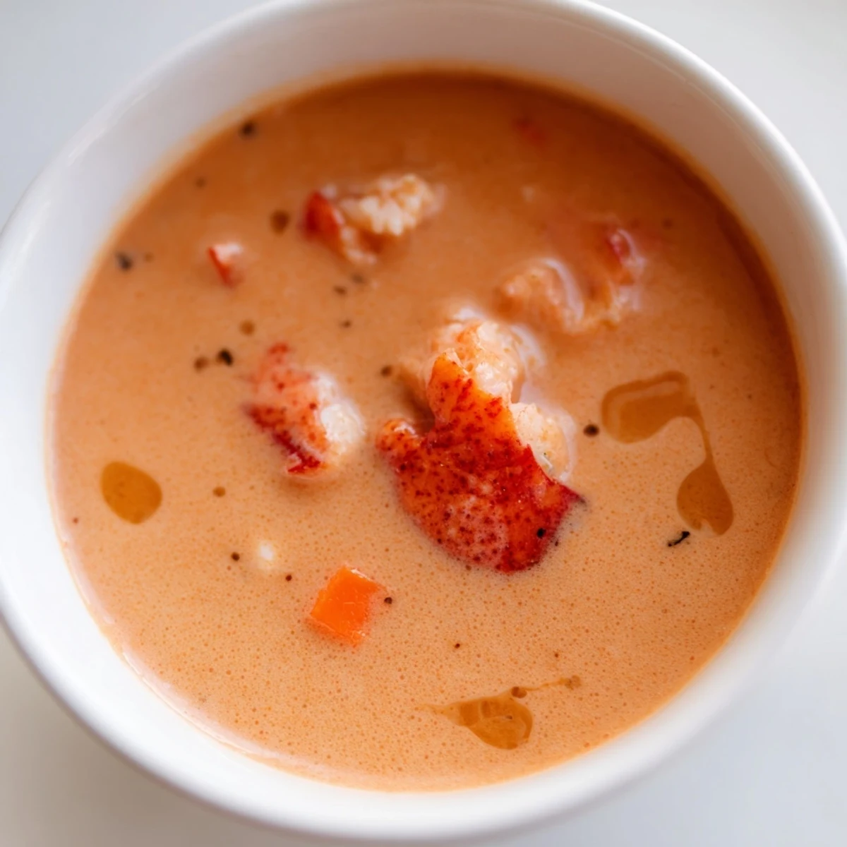 Romantic Lobster Bisque with Sherry Vinegar served in a white porcelain bowl, its surface swirling with fresh tarragon and a splash of vinegar.
