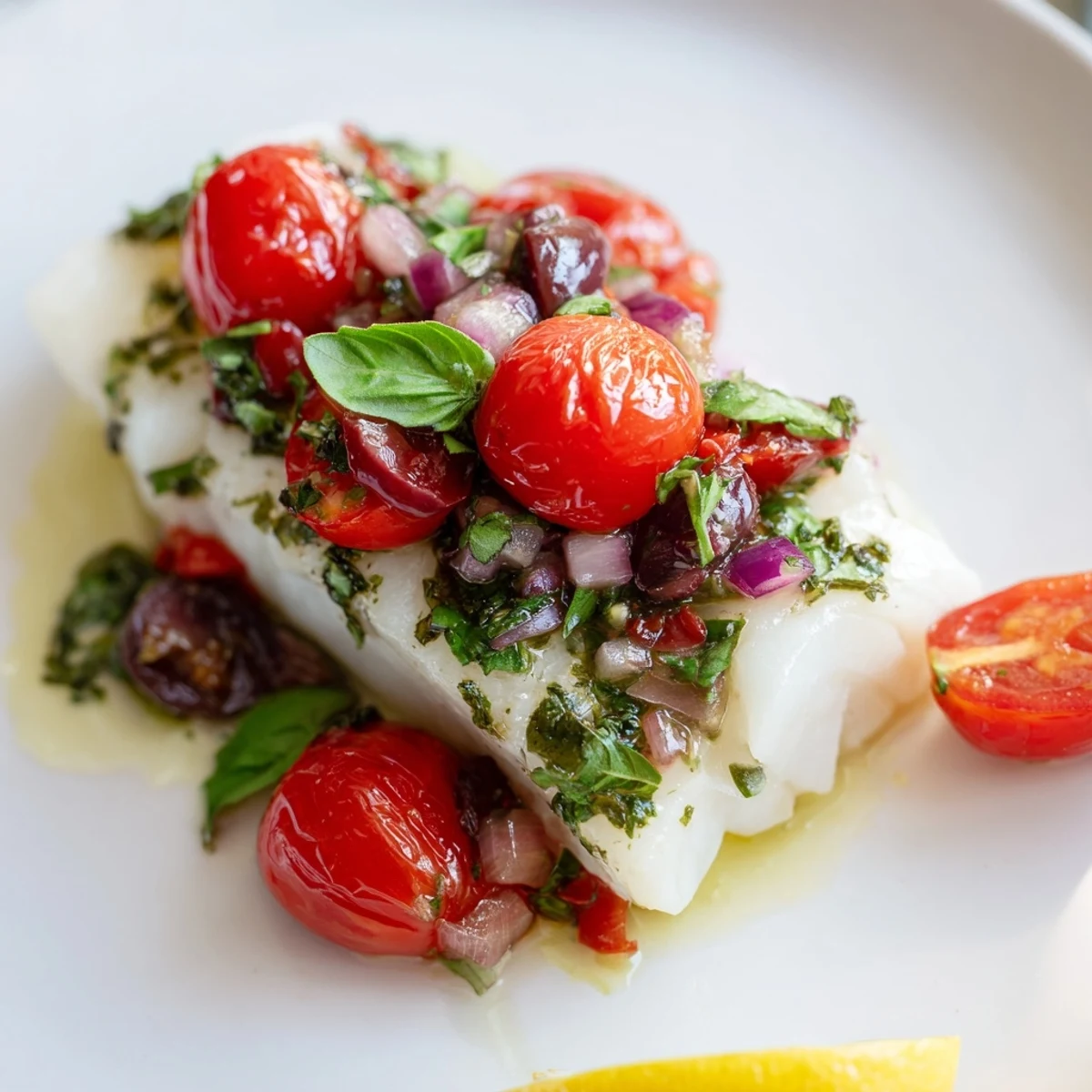 A plated Baked Halibut with Tomato and Basil Relish features flaky white fish topped with colorful tomatoes and fresh basil.